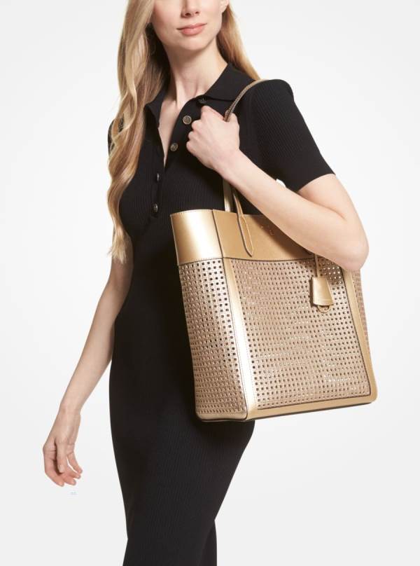 Damske Prenosná Taška Michael Kors Sinclair Large Perforated Metallic Leather Zlate - Kabelky Michael Kors Outlet | BWZHK-7189